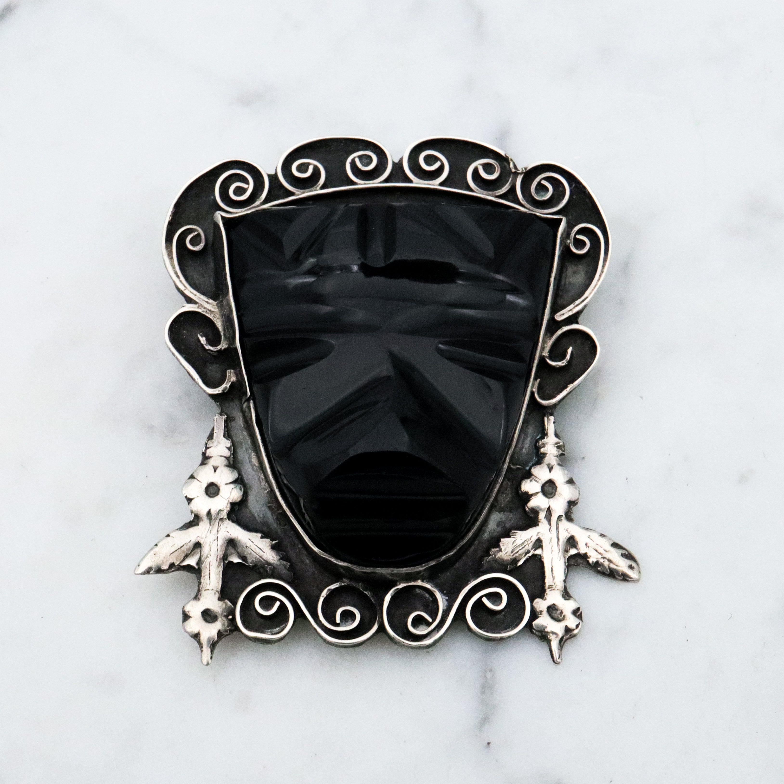 Antique 1920s Mexican sterling onyx carved Mayan mask brooch